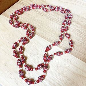 Vintage Red Venetian Foil Murano Glass Wedding Cake Bead Necklace Painted Long